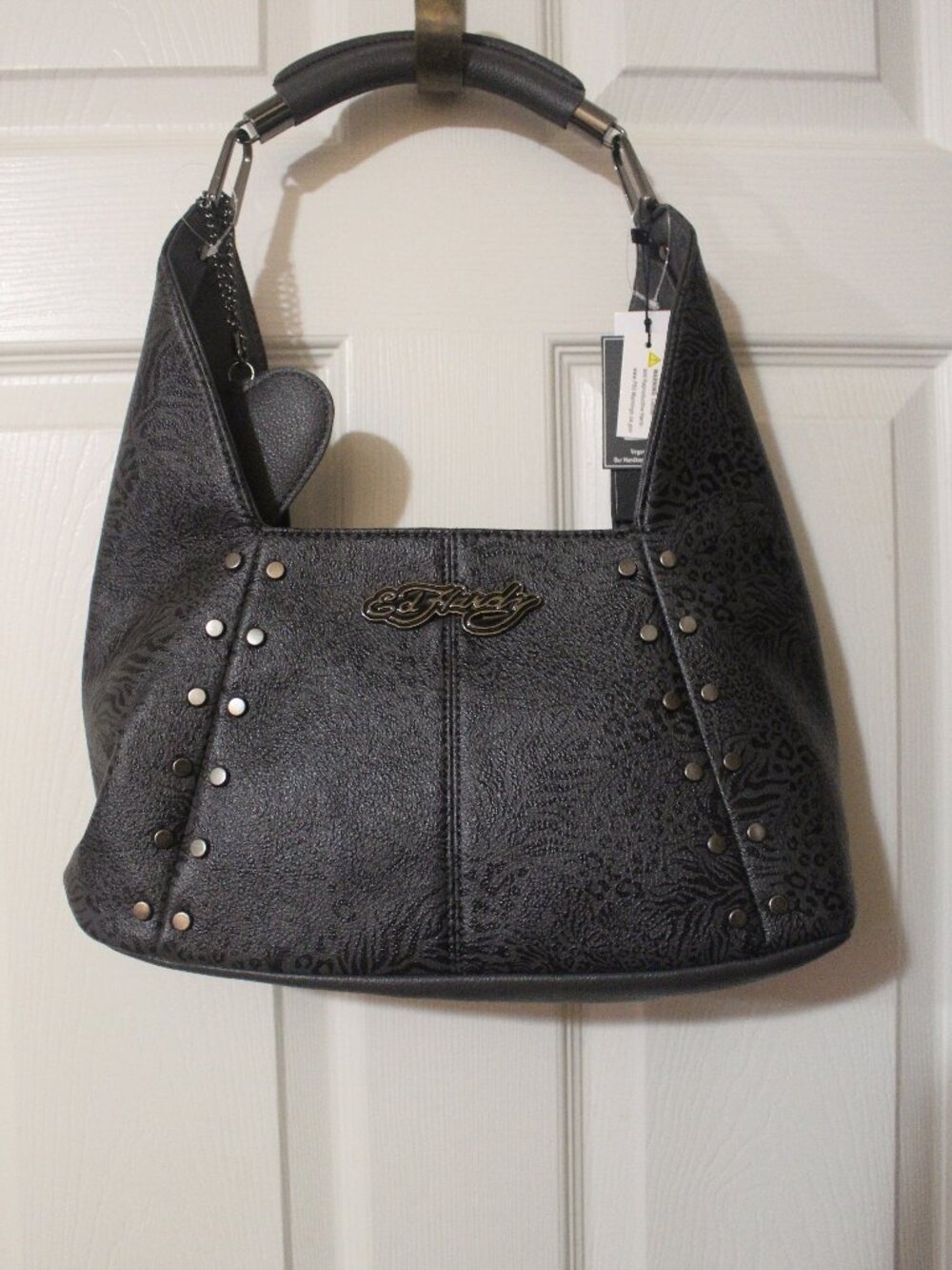 Ed Hardy Charcoal Animal Print Studded Hobo Bag